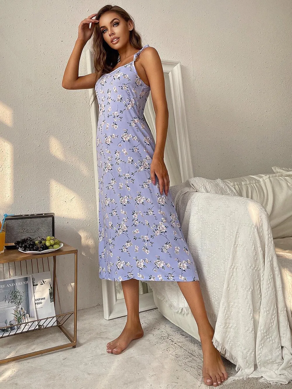 Printed Tie Shoulder Midi Night Dress, image 7