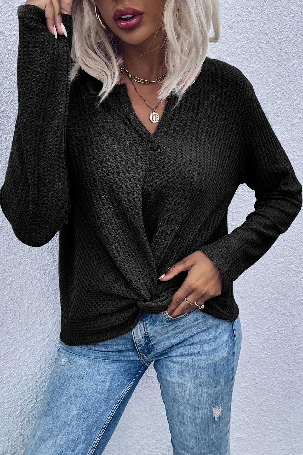 Twist Front Long Sleeve Waffle Knit Top, image 3