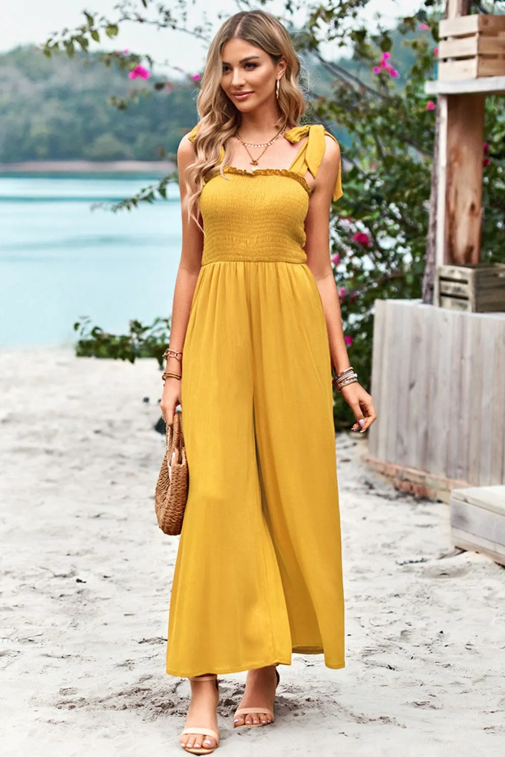 Frill Trim Tie Shoulder Wide Leg Jumpsuit with Pockets, image 11