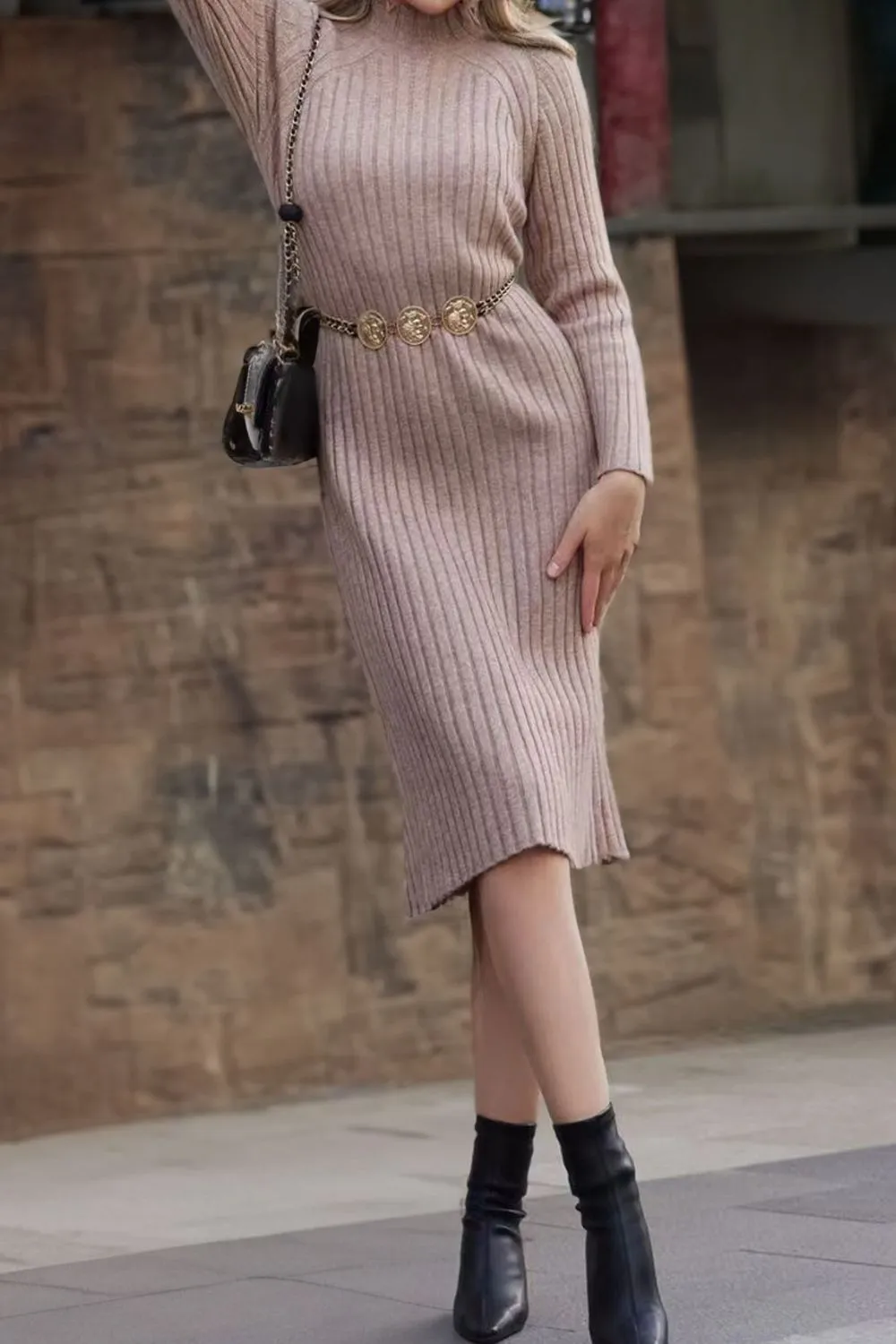 Ribbed Mock Neck Sweater Dress, image 2