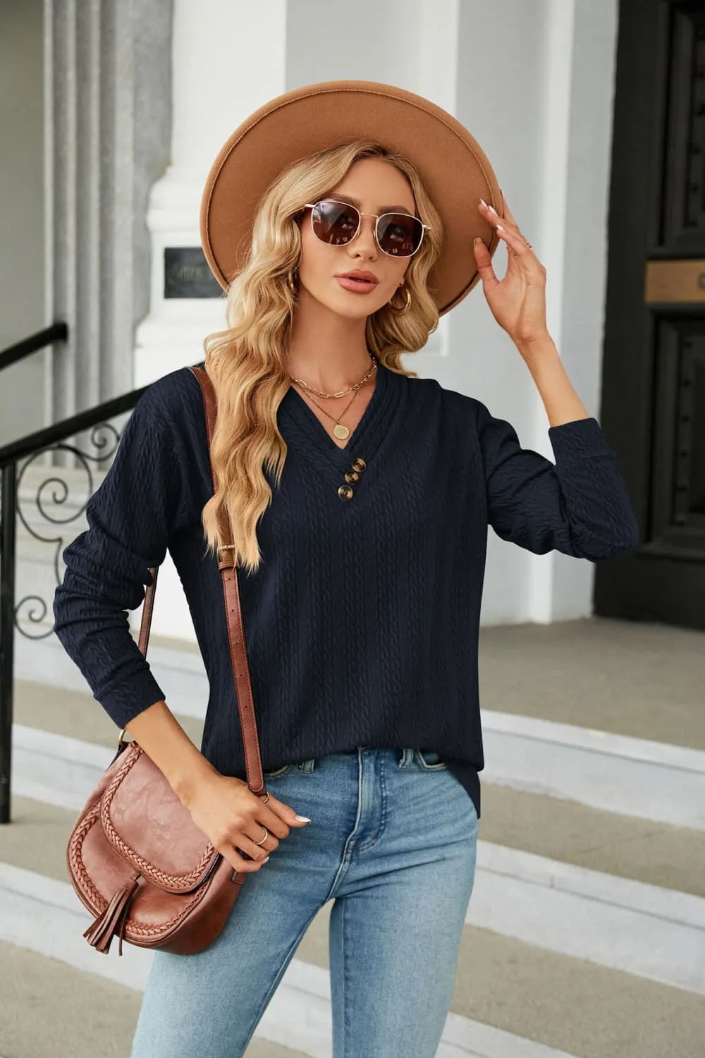 Decorative Button V-Neck Long Sleeve T-Shirt, image 20