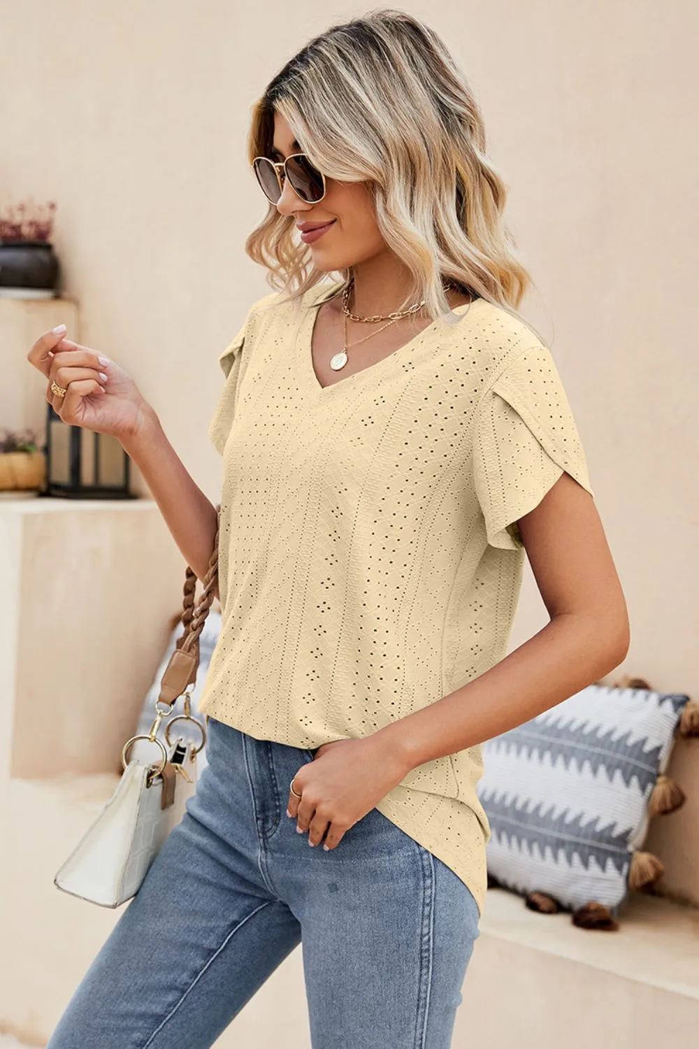 Eyelet Petal Sleeve V-Neck Knit Top, image 12