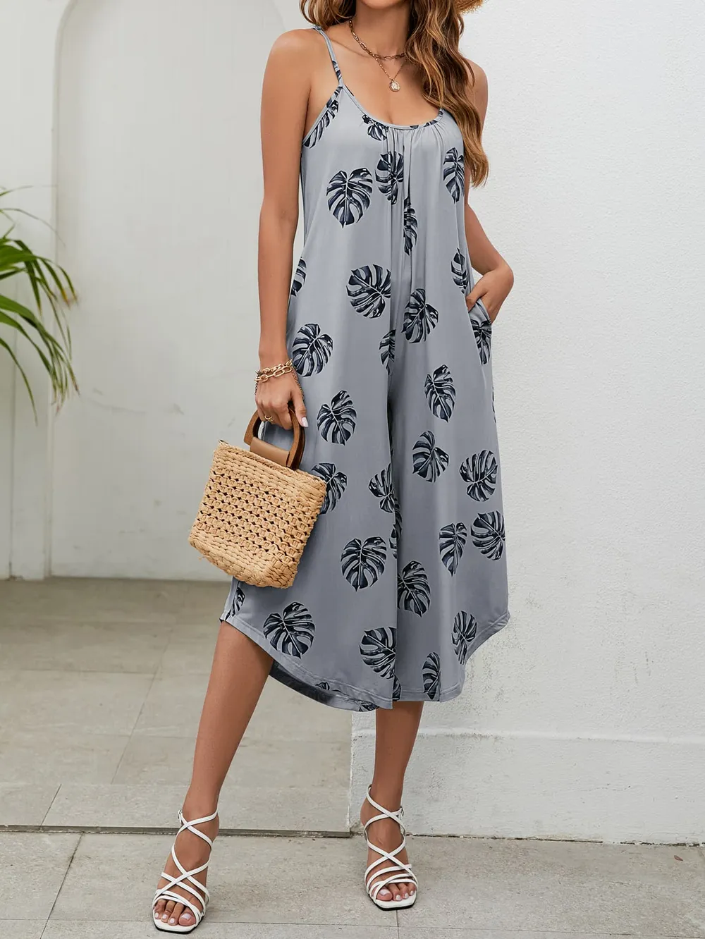 Botanical Print Spaghetti Strap Scoop Neck Jumpsuit, image 12