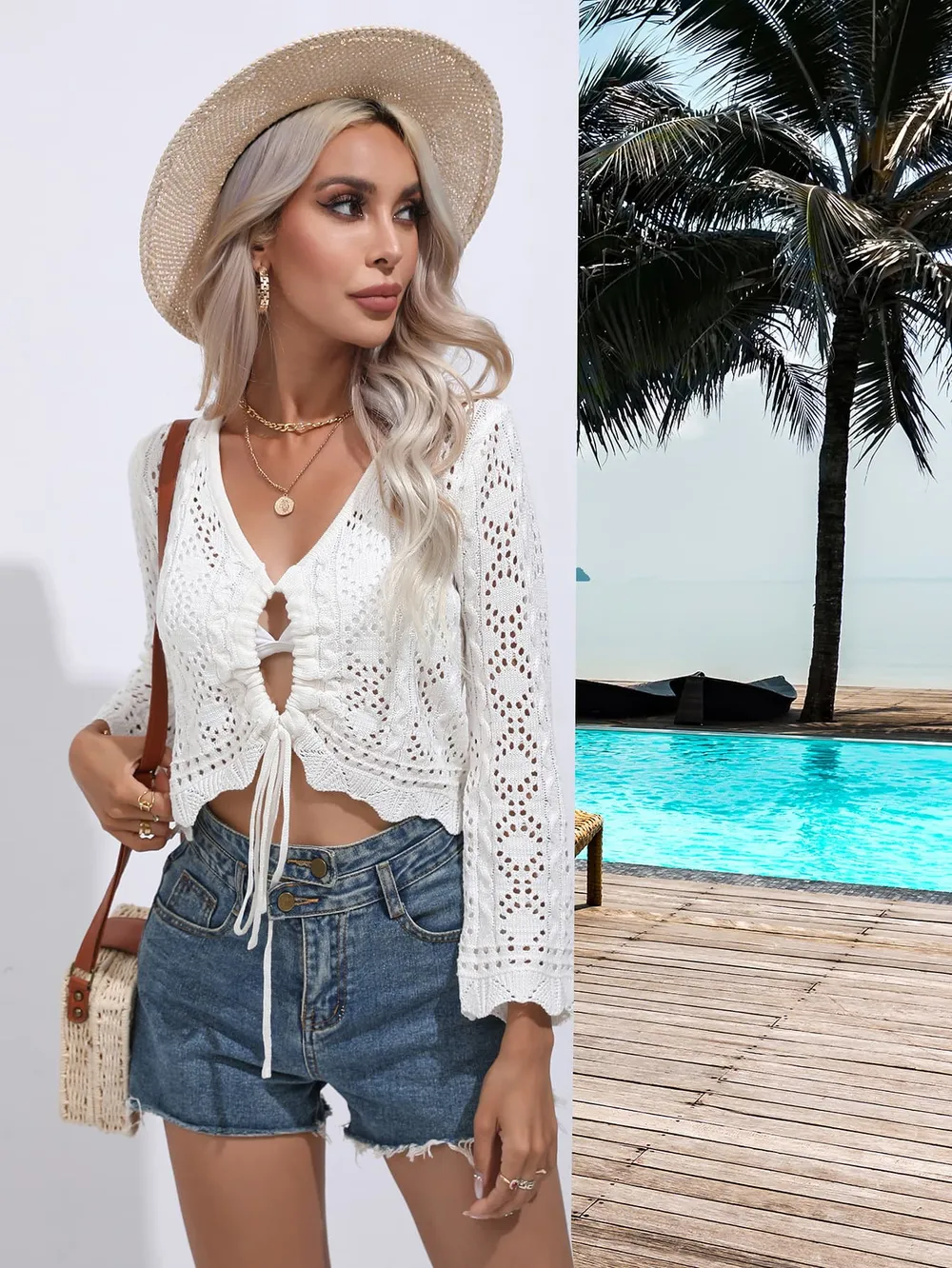 Drawstring V-Neck Long Sleeve Cover Up, image 5