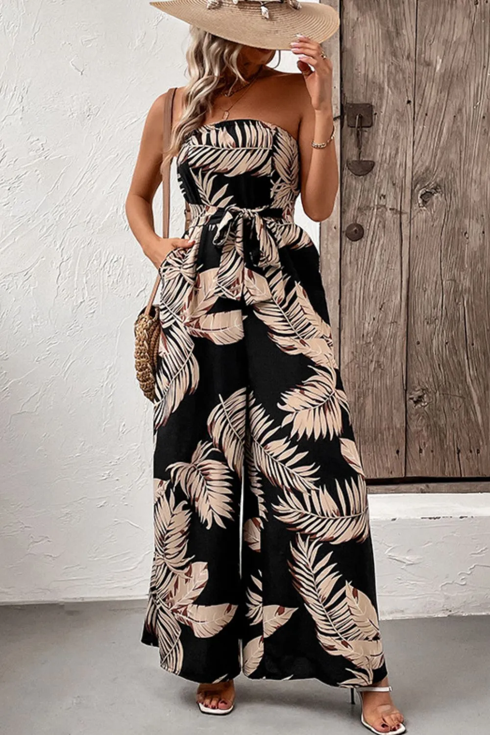 Printed Strapless Wide Leg Jumpsuit with Pockets, image 2