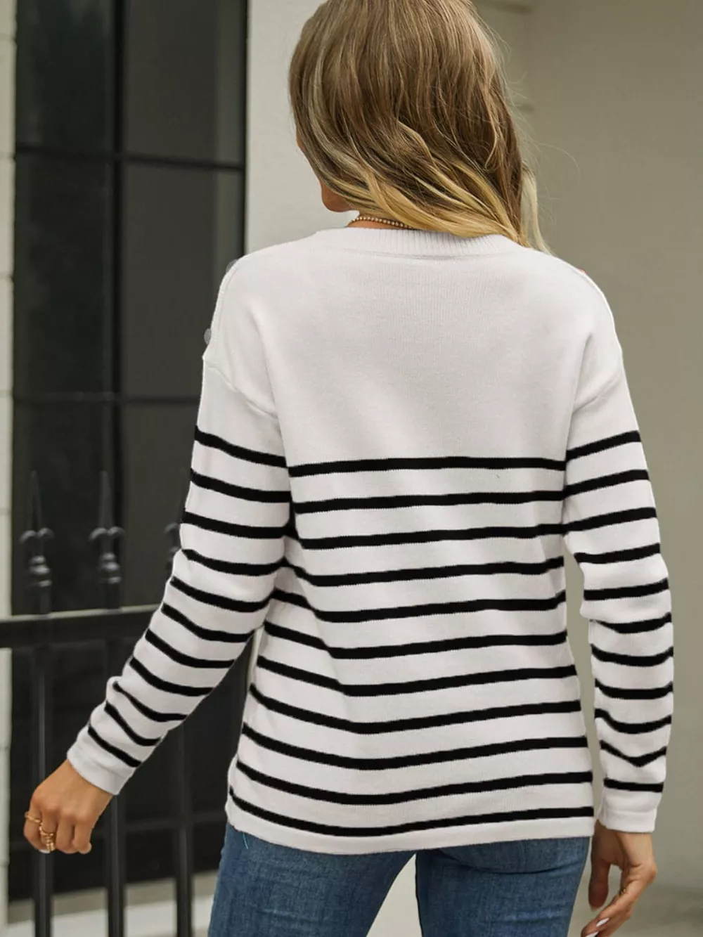 Round Neck Shoulder Button Striped Pullover Sweater, image 2