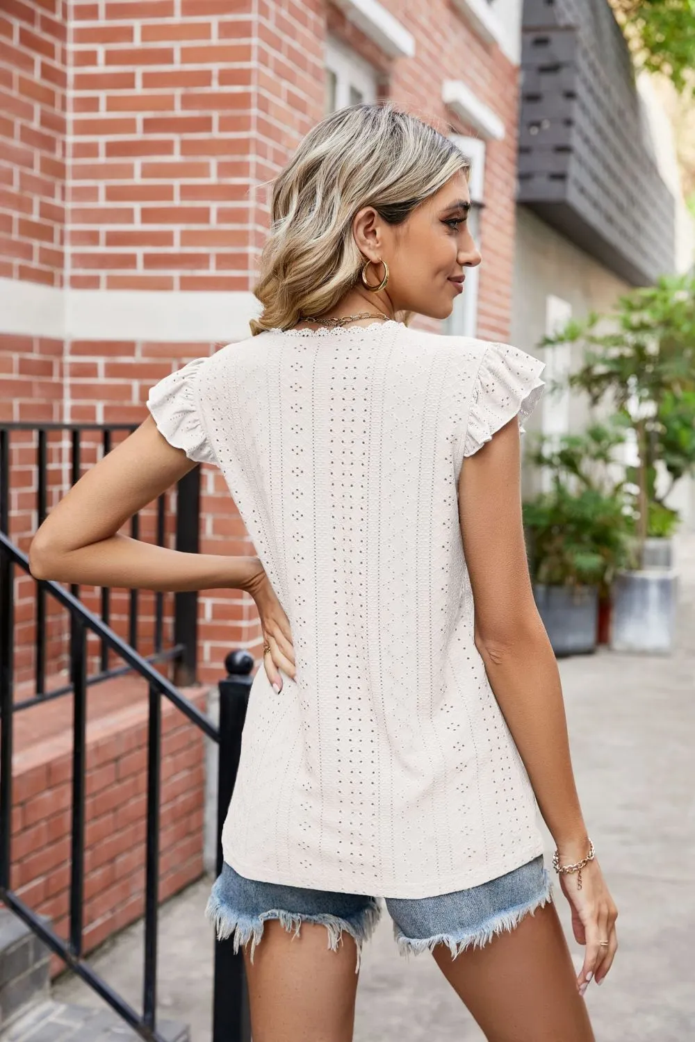 Eyelet Flutter Sleeve Scalloped V-Neck Top, image 7