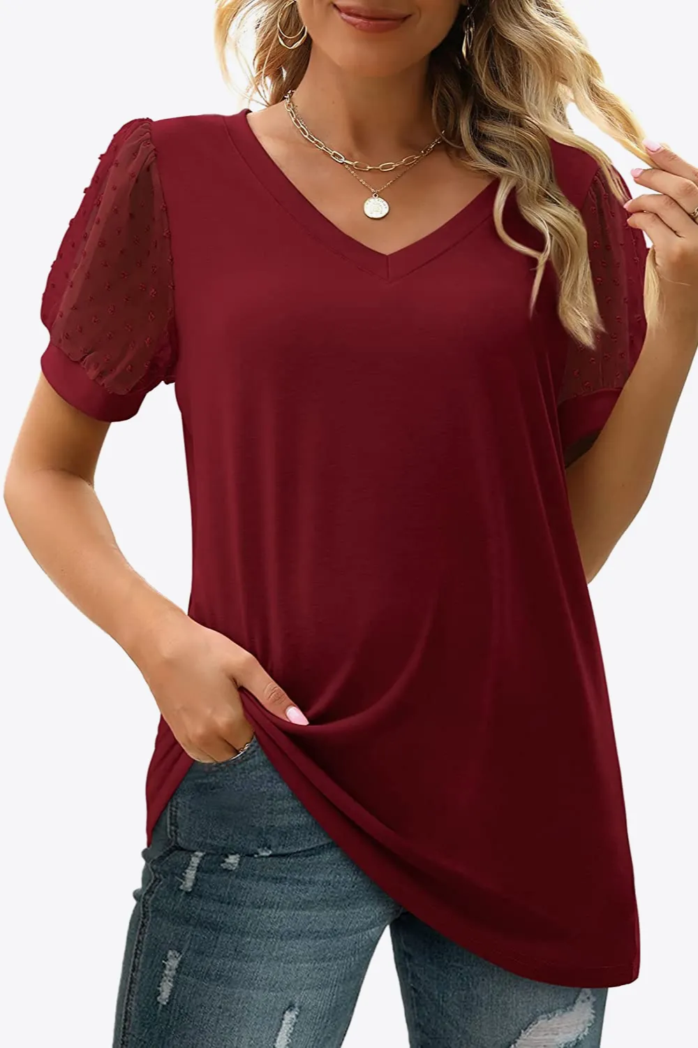 Swiss Dot Puff Sleeve V-Neck Tee, image 29