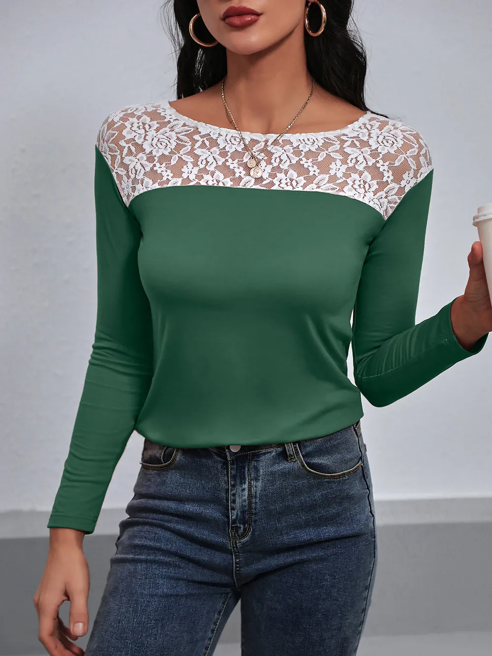 Lace Trim Long Sleeve Round Neck Tee, image 10