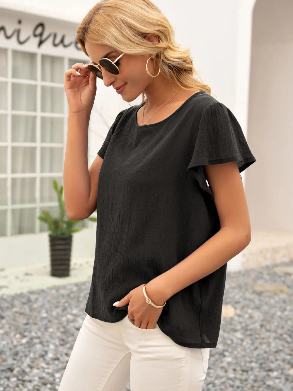 Round Neck Cutout Tie Back Top, image 3