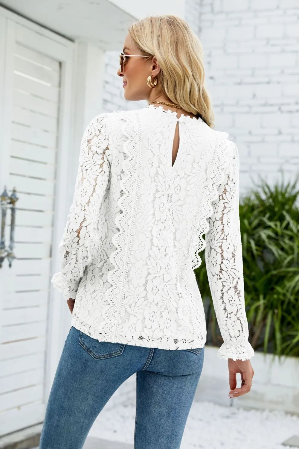 V-Neck Flounce Sleeve Lace Top, image 9
