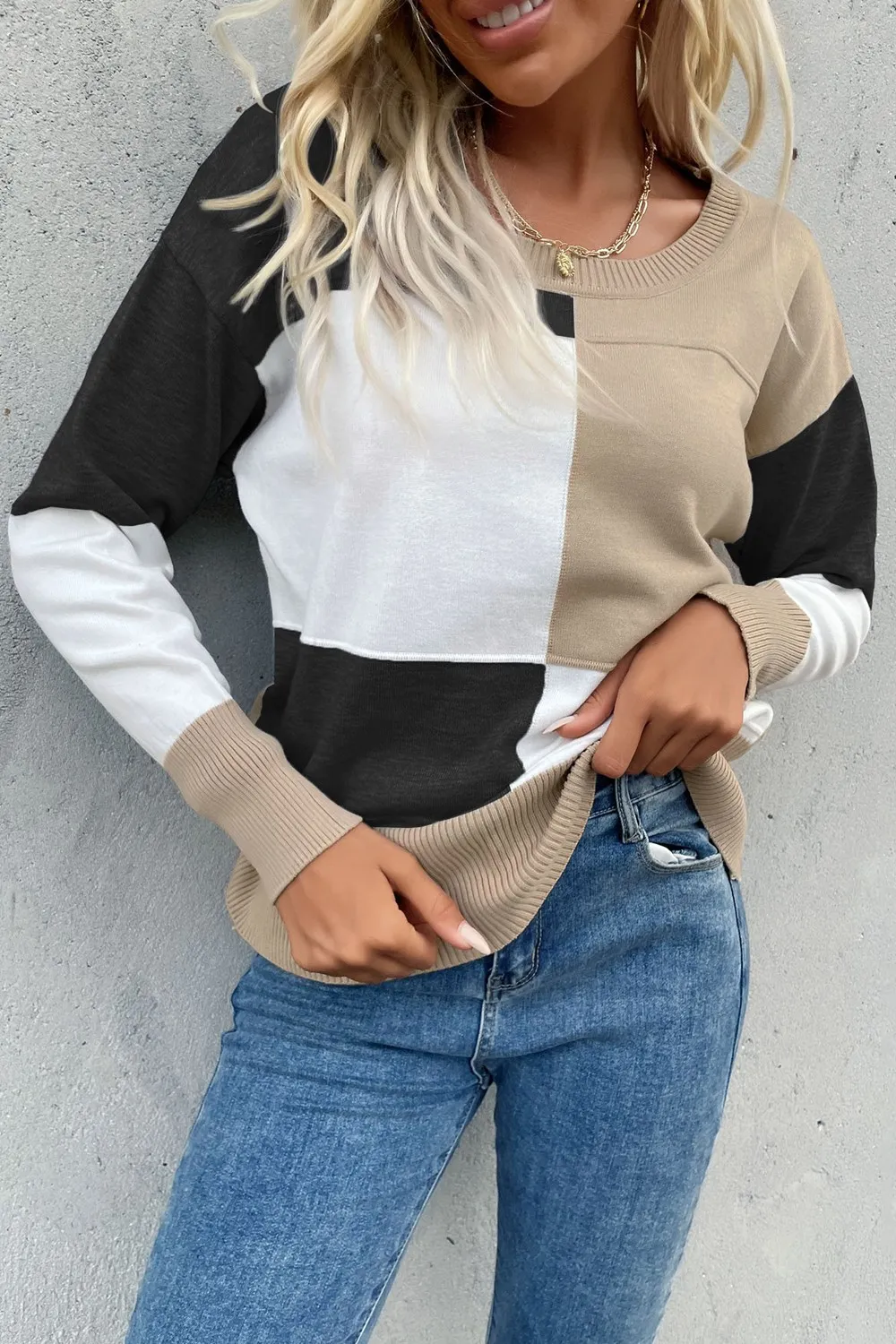 Color Block Ribbed Trim Round Neck Knit Pullover, image 9