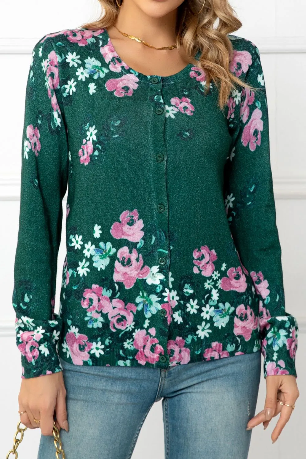 Floral Button Front Round Neck Cardigan, image 9