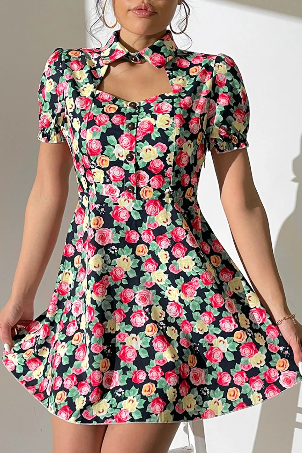 Floral Buttoned Cutout Puff Sleeve Dress, image 2