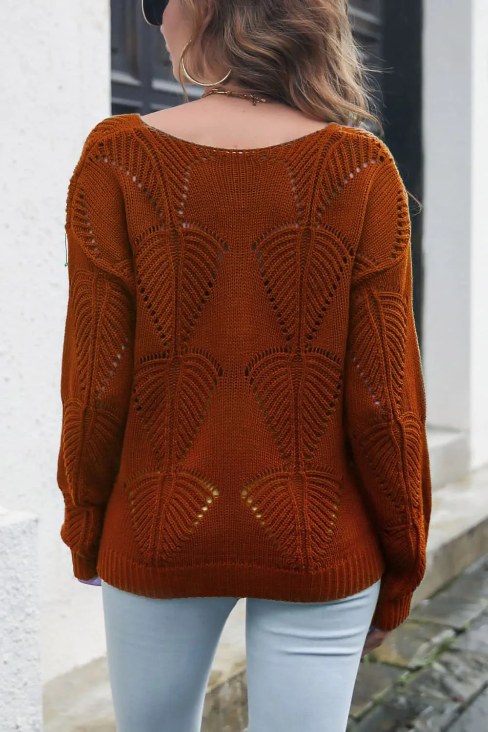 Openwork V-Neck Dropped Shoulder Sweater, image 6