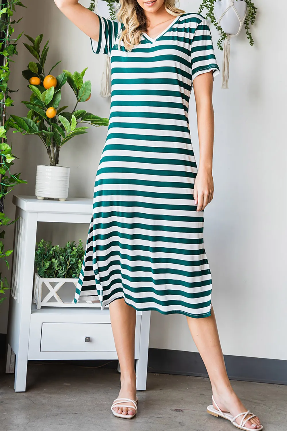 Striped V-Neck Short Sleeve Side Slit Dress, image 4