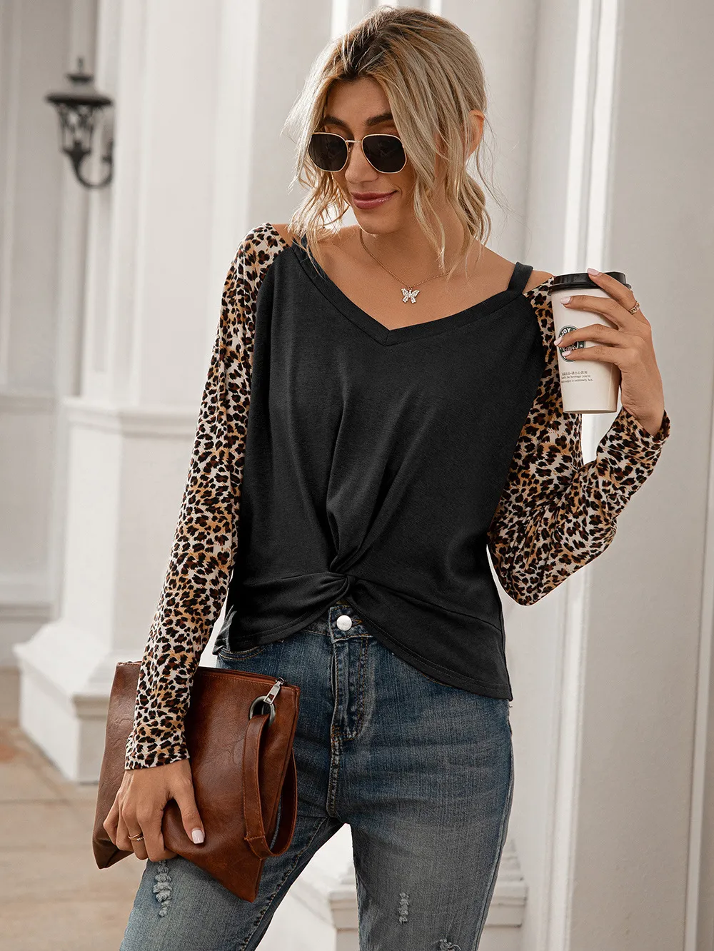 Leopard Twist Front Cold-Shoulder Tee, image 4