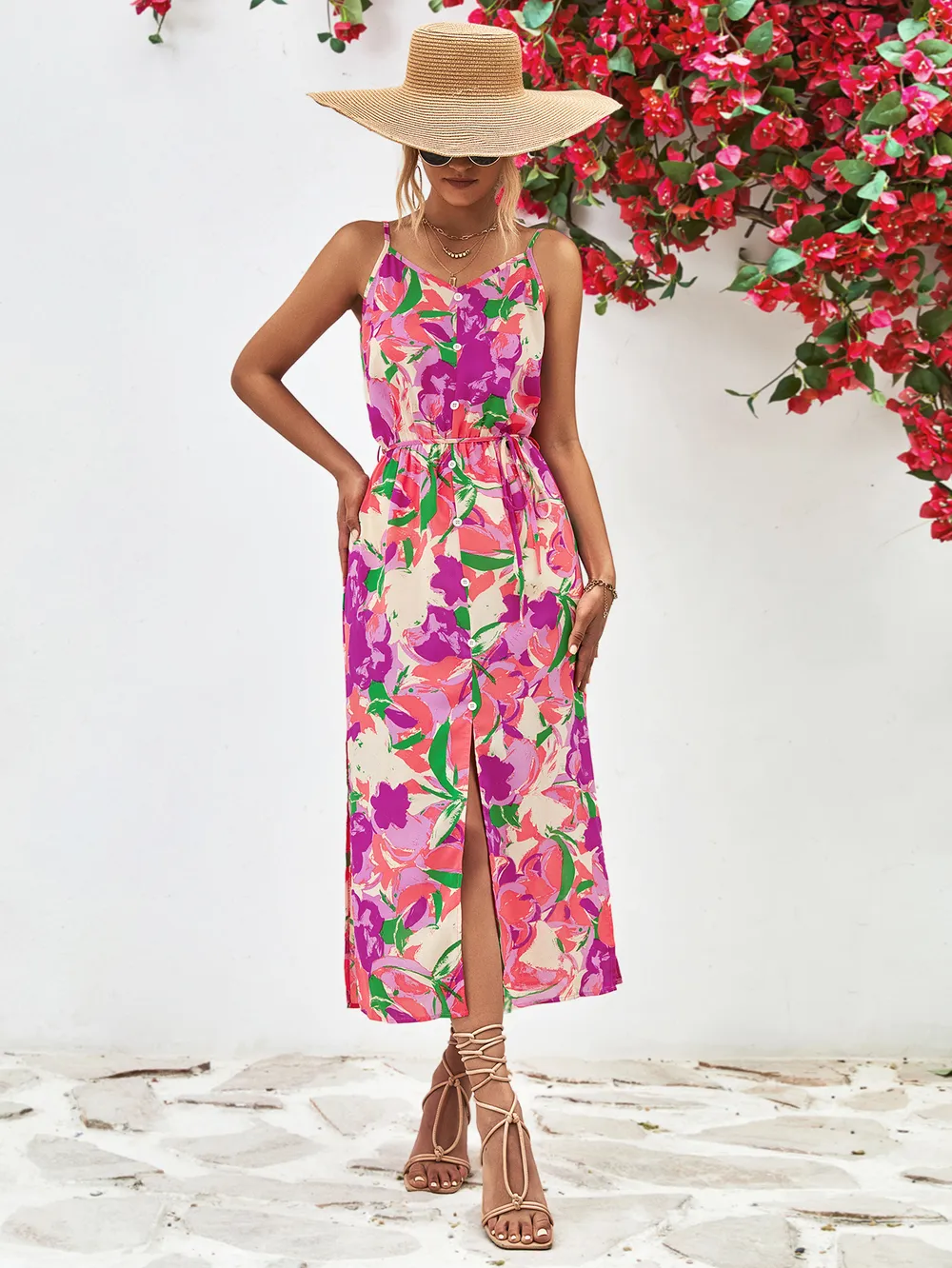 Printed Spaghetti Strap Front Slit Dress, image 5