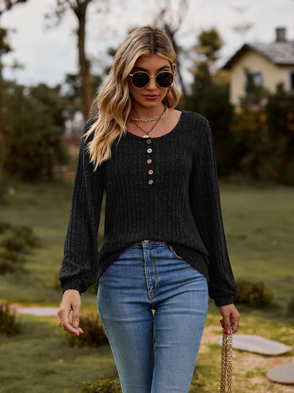 Round Neck Button-Down Long Sleeve Tee, image 19