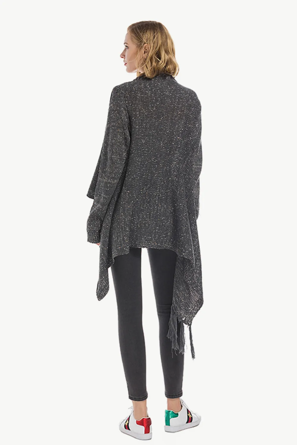One-Button Tassel Tie Asymmetrical Hem Cardigan, image 20