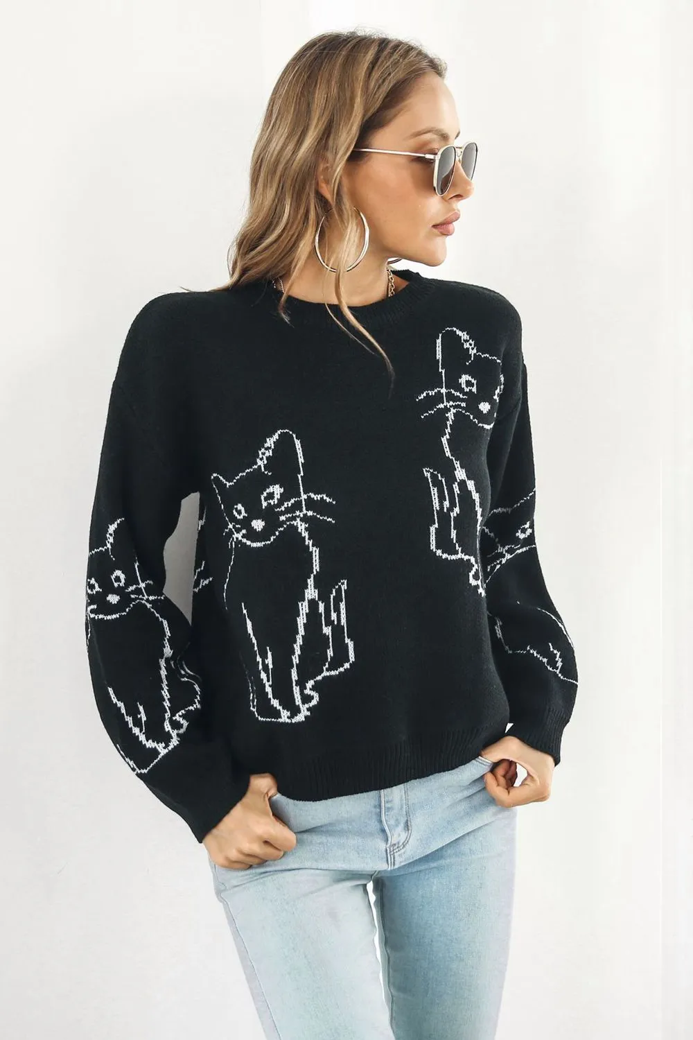Cat Pattern Round Neck Long Sleeve Pullover Sweater, image 4