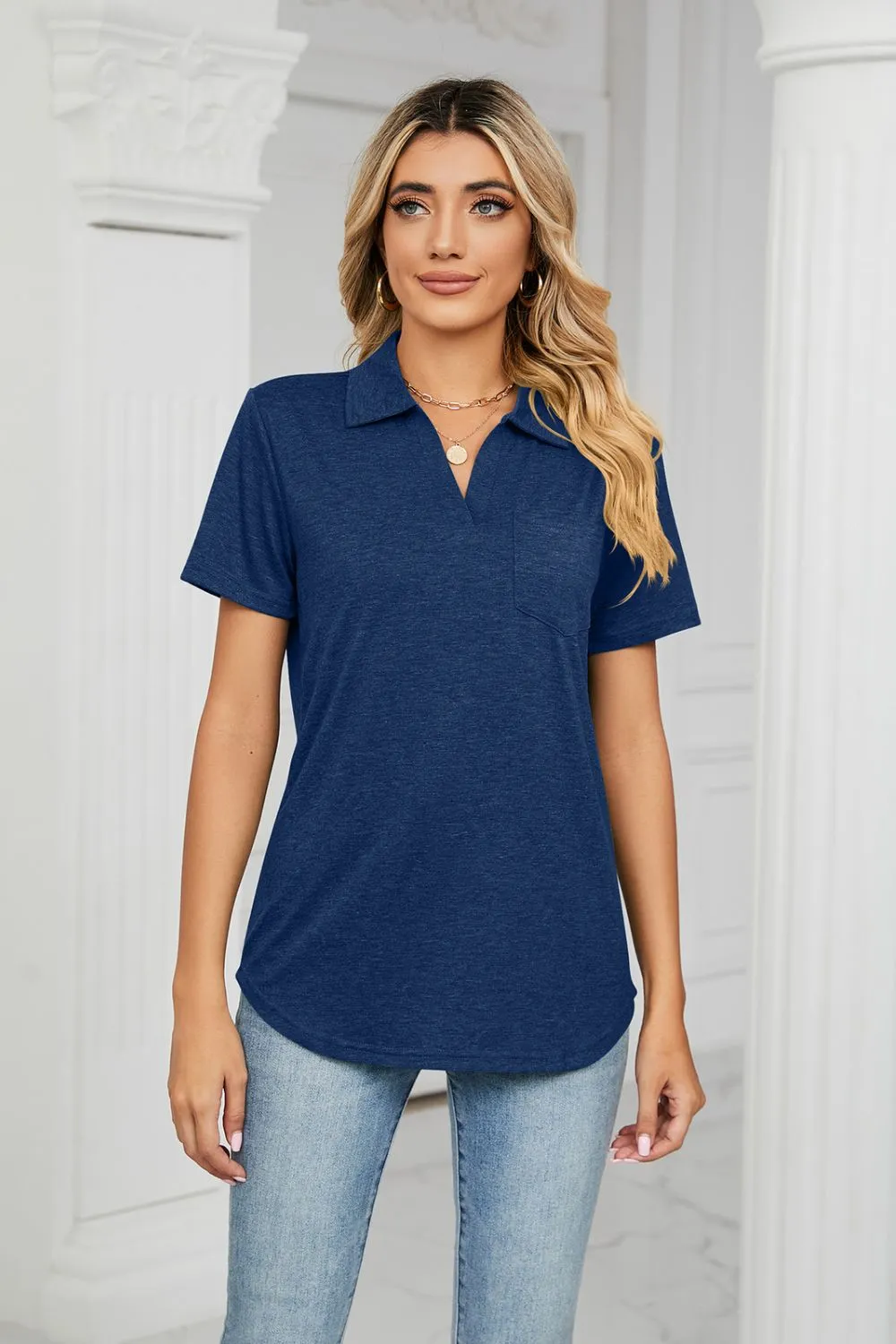 Curved Hem Johnny Collar Polo Shirt, image 7