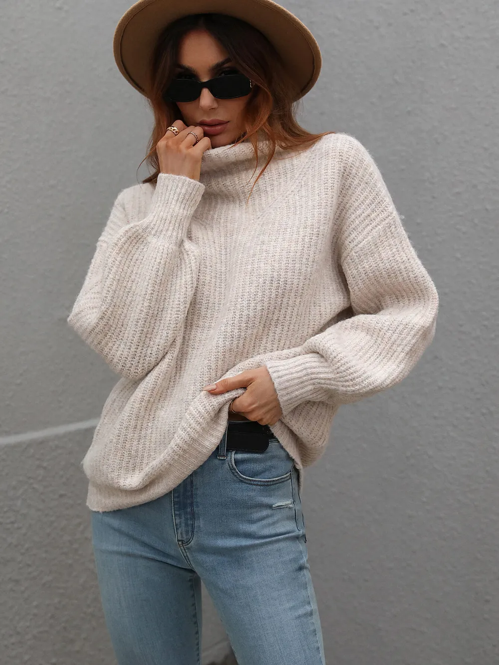 High Neck Balloon Sleeve Rib-Knit Pullover Sweater, image 9