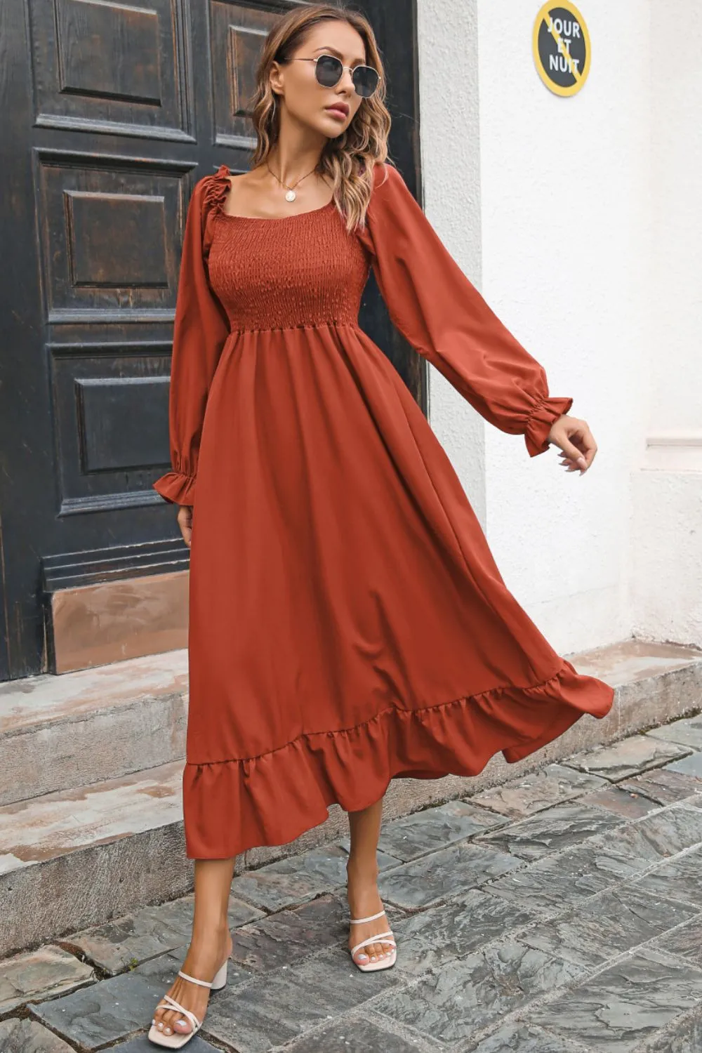 Smocked Ruffle Hem Flounce Sleeve Dress, image 6