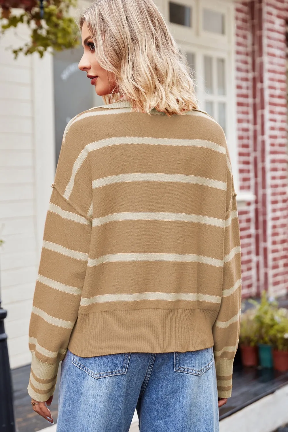 Striped Dropped Shoulder Notched Neck Knit Top, image 2