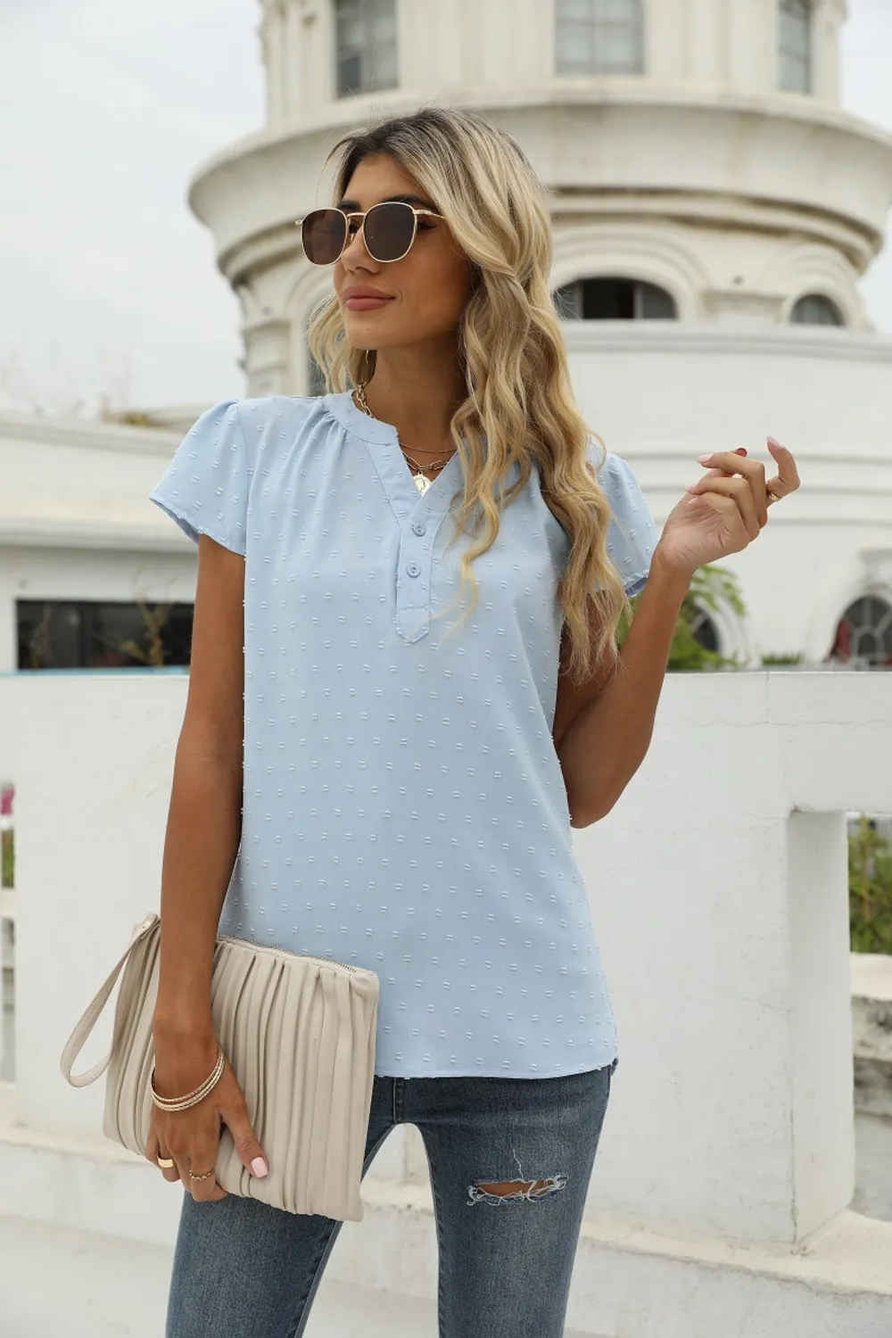 Swiss Dot Notched Neck Short Sleeve Top, image 6