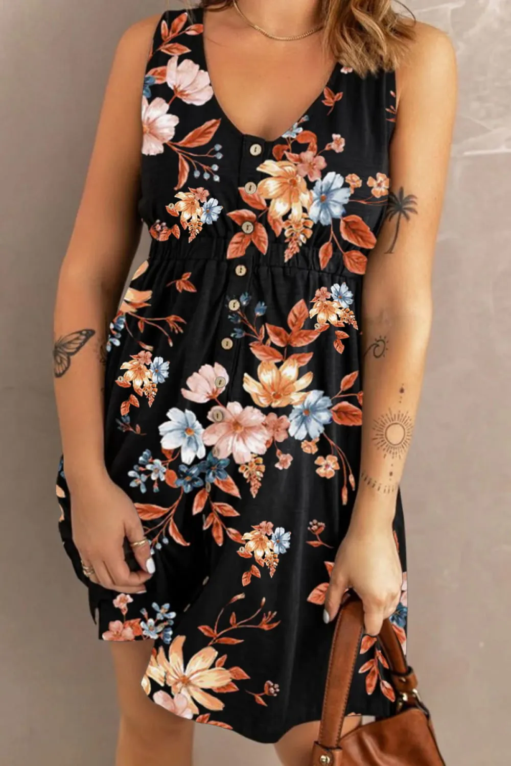 Printed Scoop Neck Sleeveless Buttoned Magic Dress with Pockets, image 9