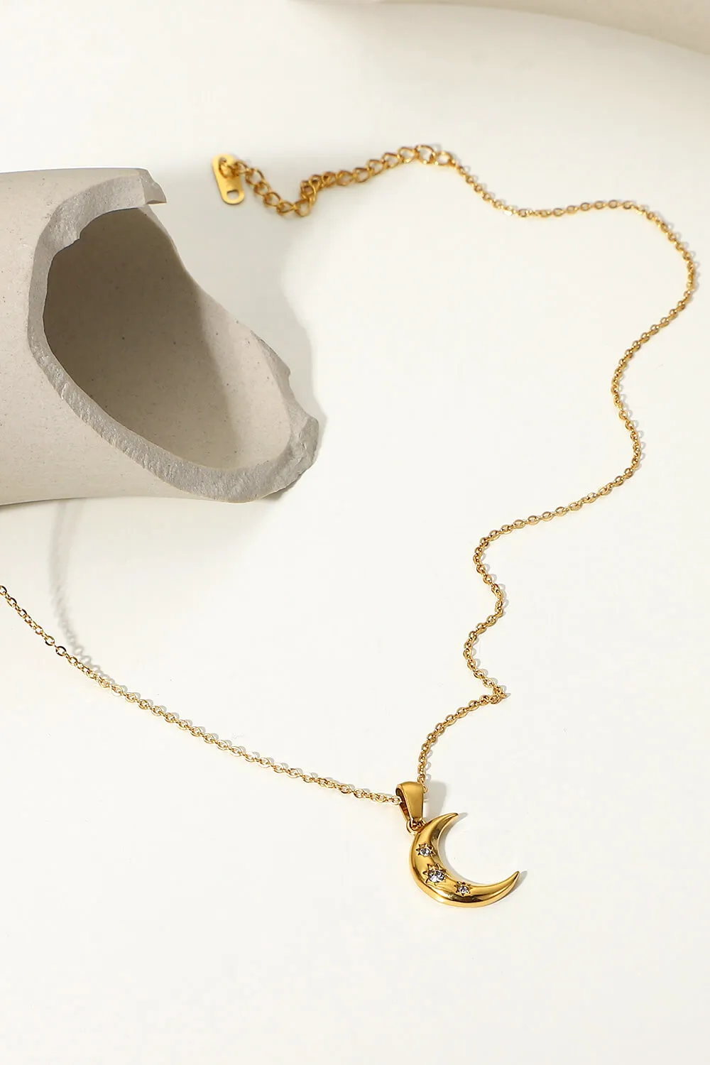 18K Gold Plated Inlaid Zircon Moon Pendant Necklace, image 4