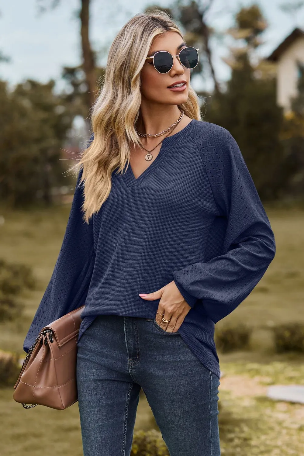 Notched Neck Raglan Sleeve Blouse, image 9