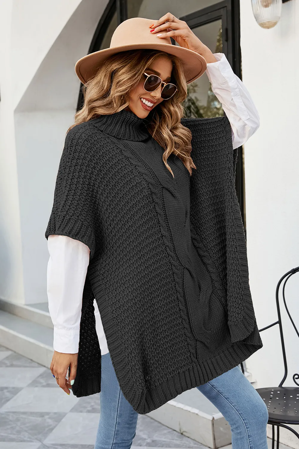 Cable-Knit Turtleneck Slit Sweater, image 6