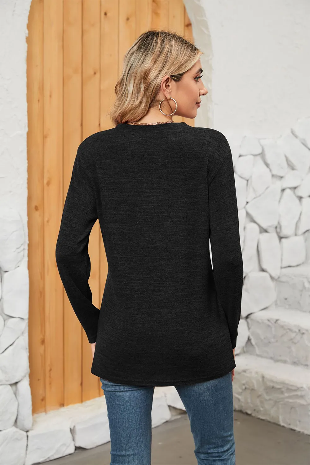 Notched Neck Long Sleeve T-Shirt, image 6