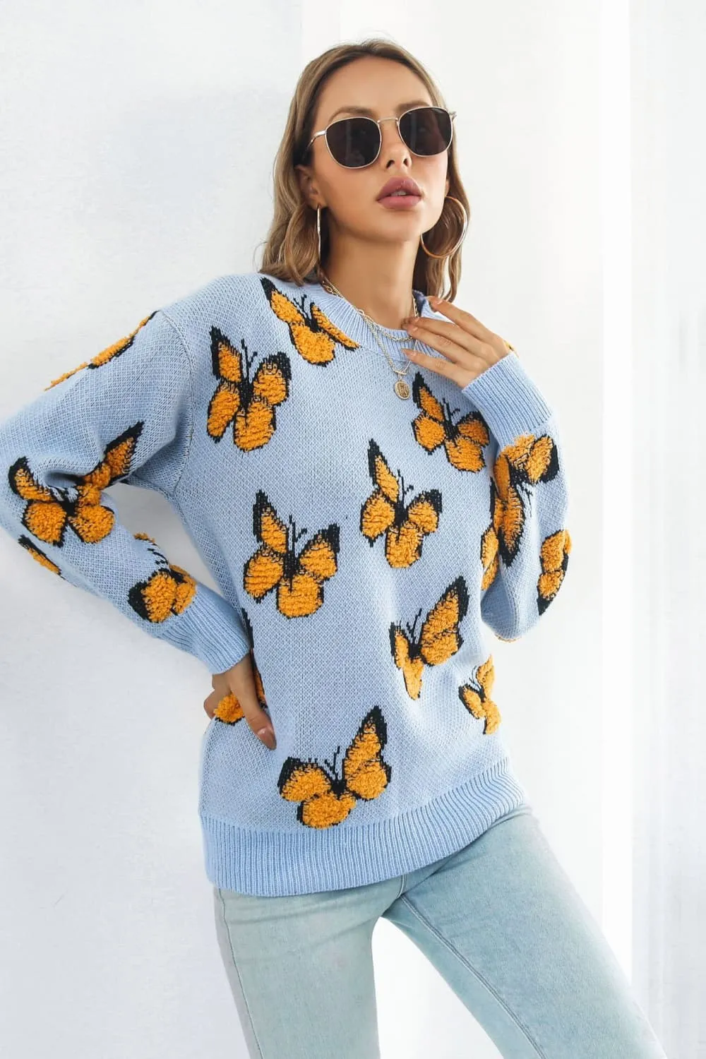Butterfly Pattern Round Neck Dropped Shoulder Sweater, image 4
