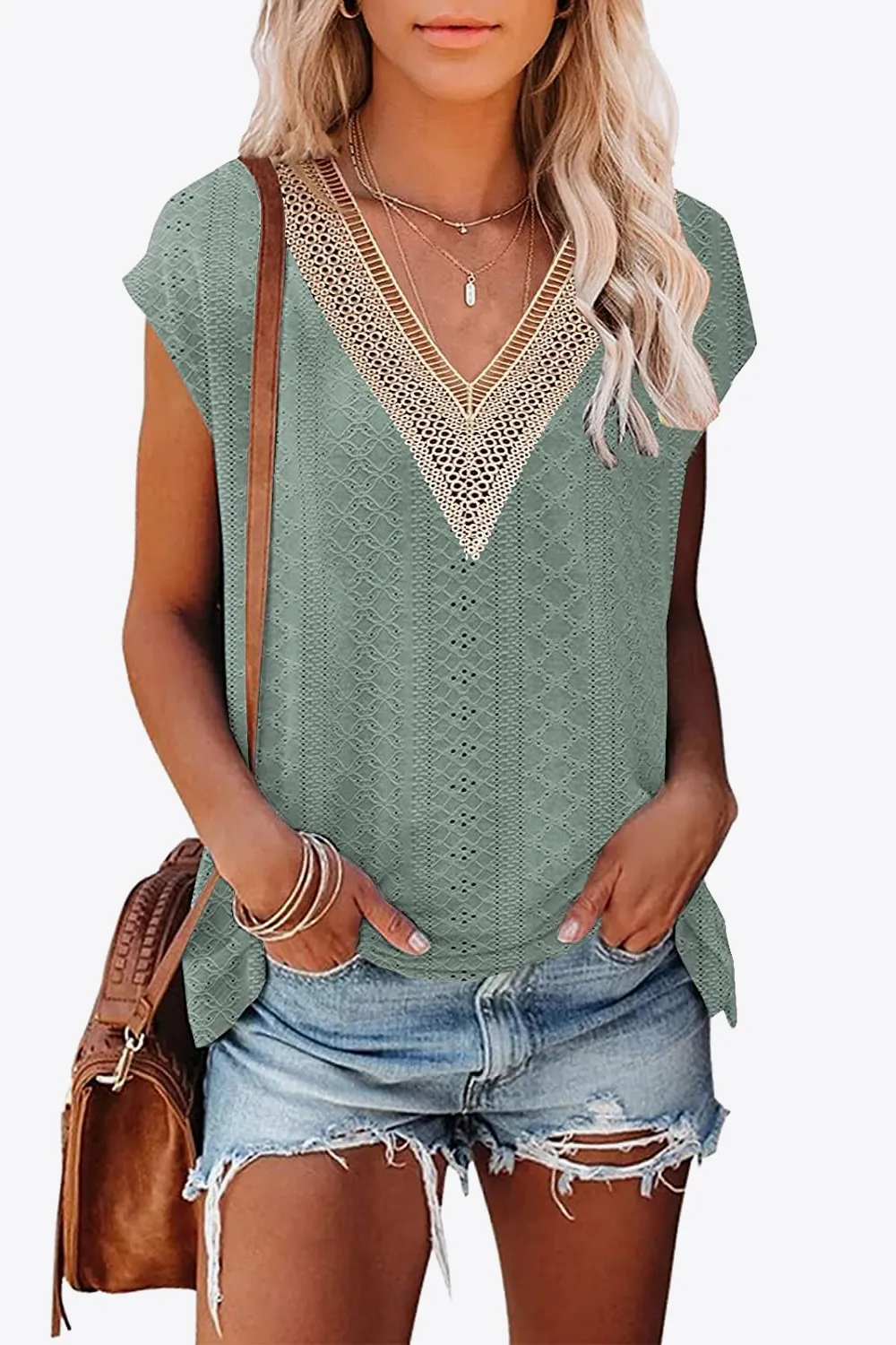 Eyelet Contrast V-Neck Tee, image 2