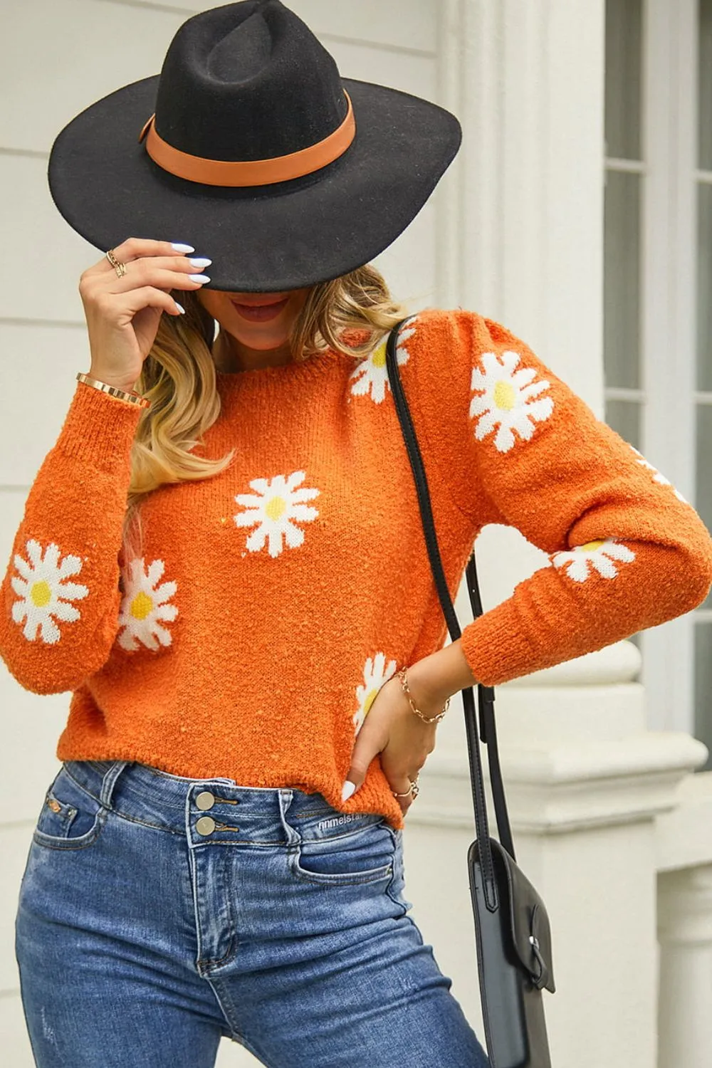 Flower Pattern Round Neck Short Sleeve Pullover Sweater, image 15