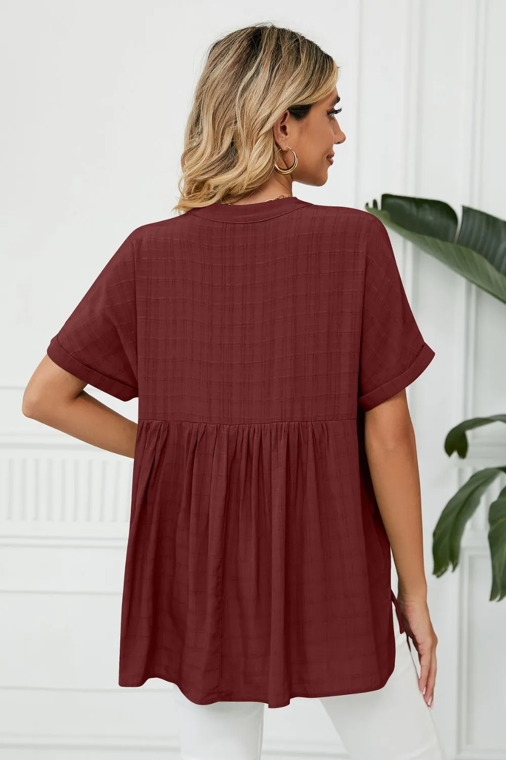 Side Slit Notched Neck Cuffed Short Sleeve Blouse, image 13