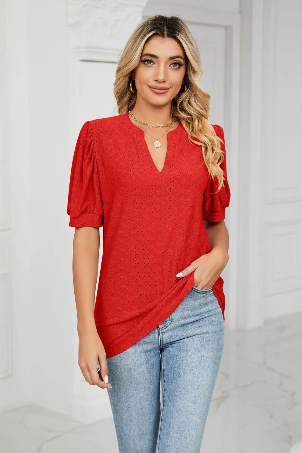 Eyelet Short Puff Sleeve Notched Neck Top, image 35