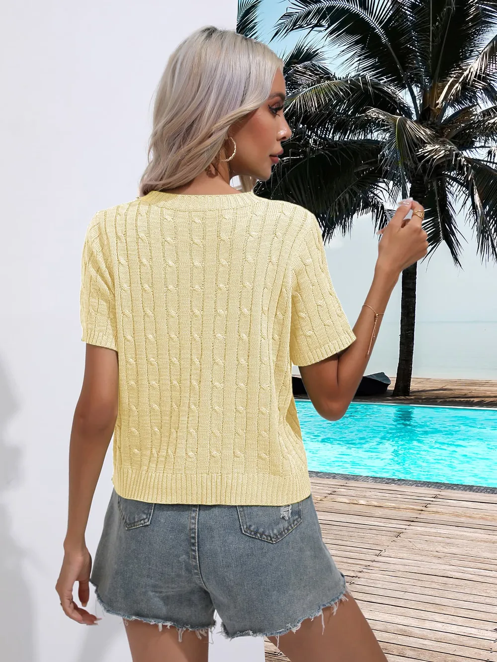 Cable-Knit Round Neck Short Sleeve Knit Top, image 8