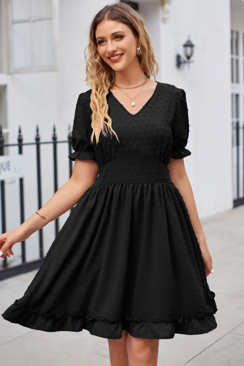 Swiss Dot Frill Trim Flounce Sleeve V-Neck Dress, image 7