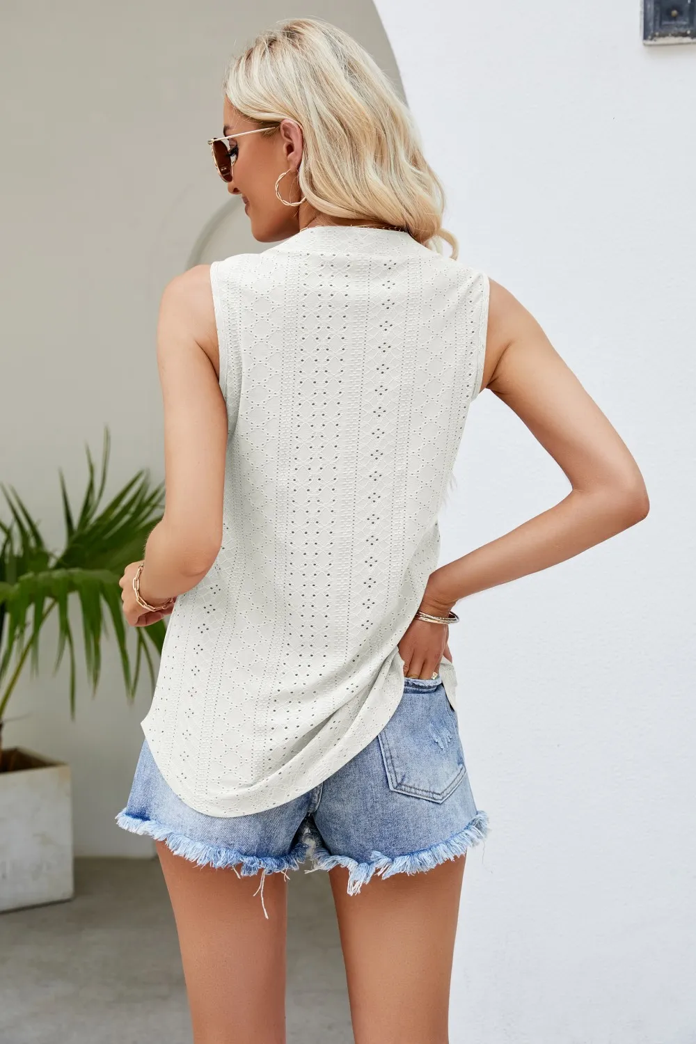 Notched Neck Curved Hem Eyelet Tank, image 24