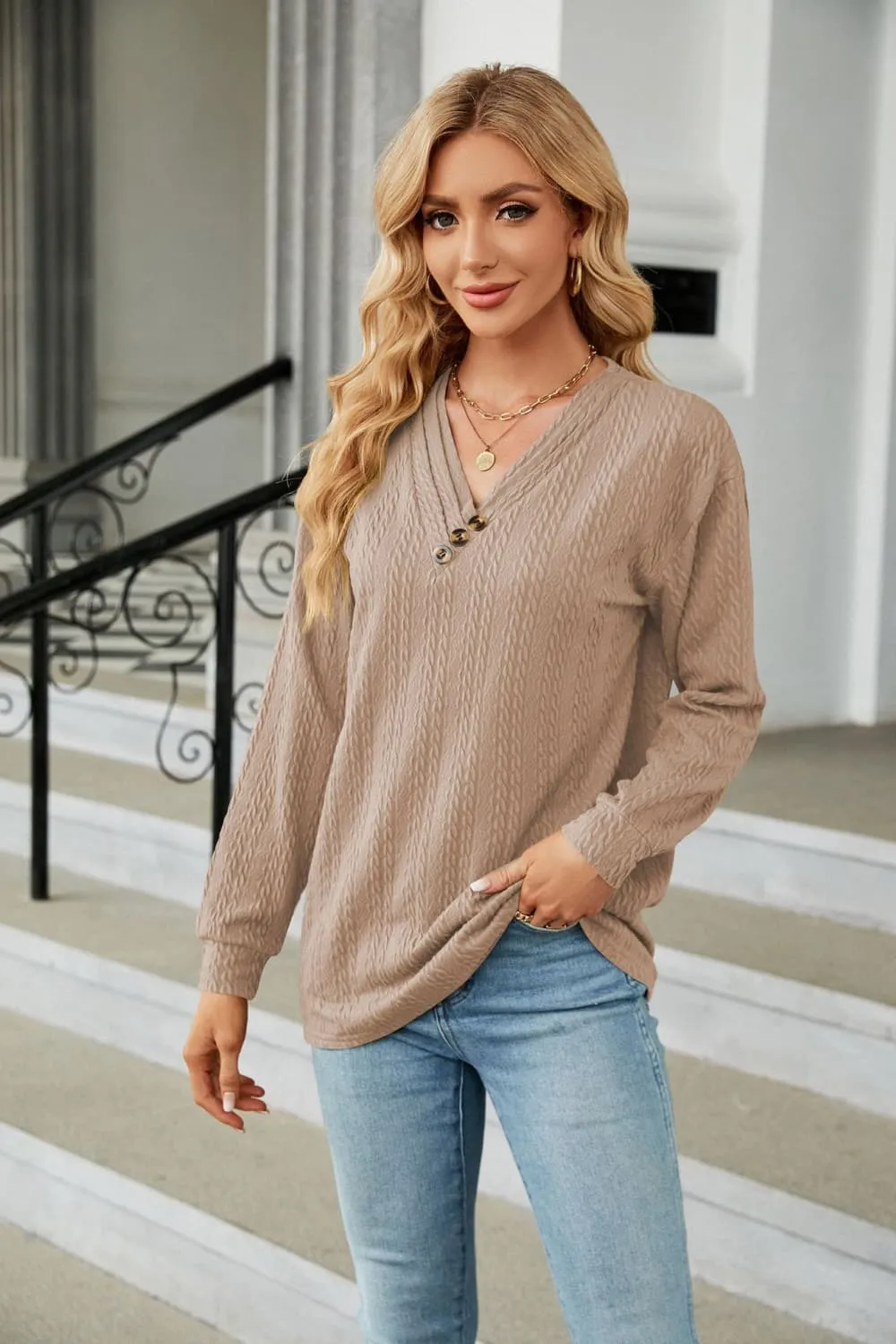 Decorative Button V-Neck Long Sleeve T-Shirt, image 17