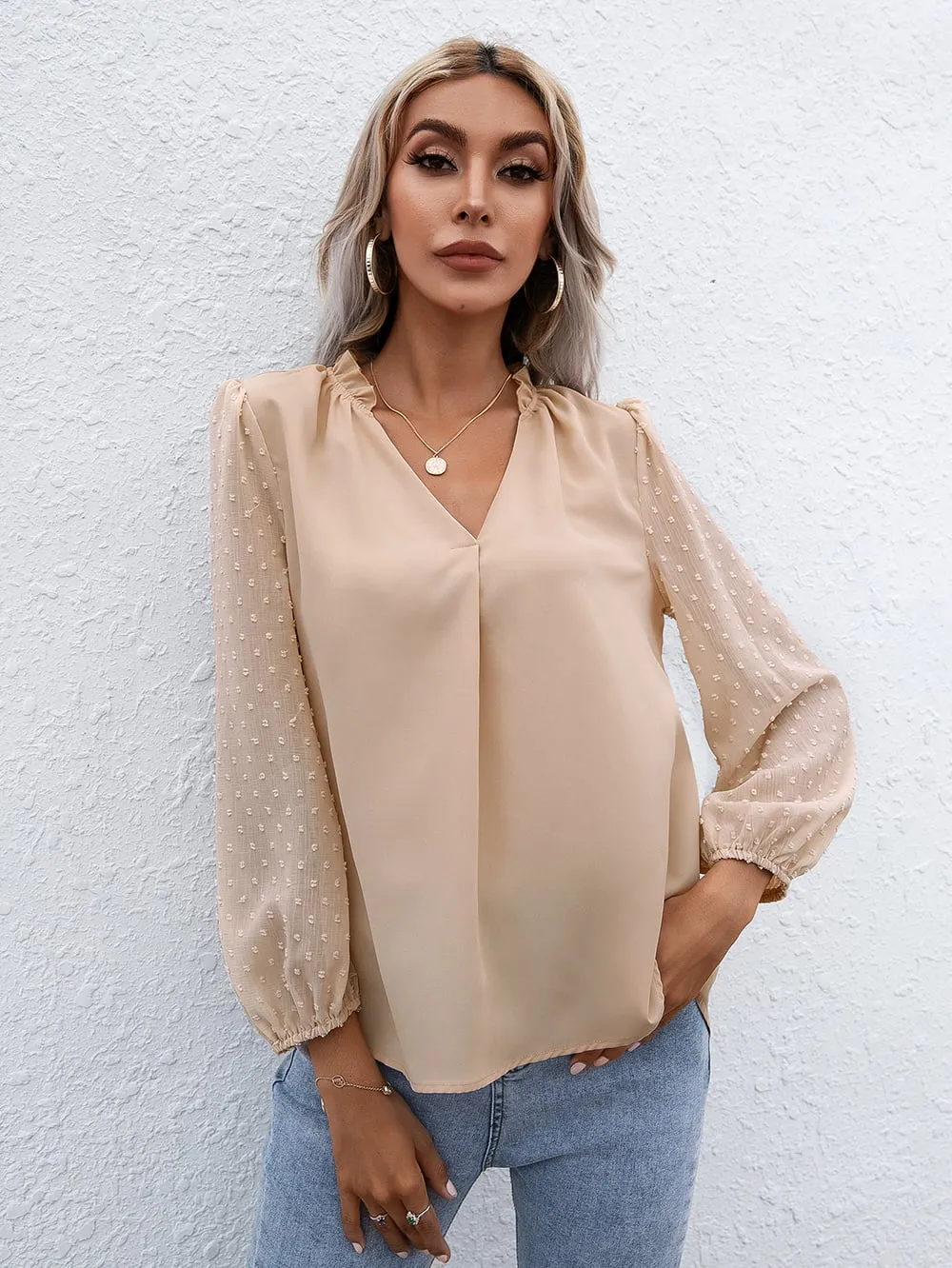 Swiss Dot Frill Trim Puff Sleeve Blouse, image 11