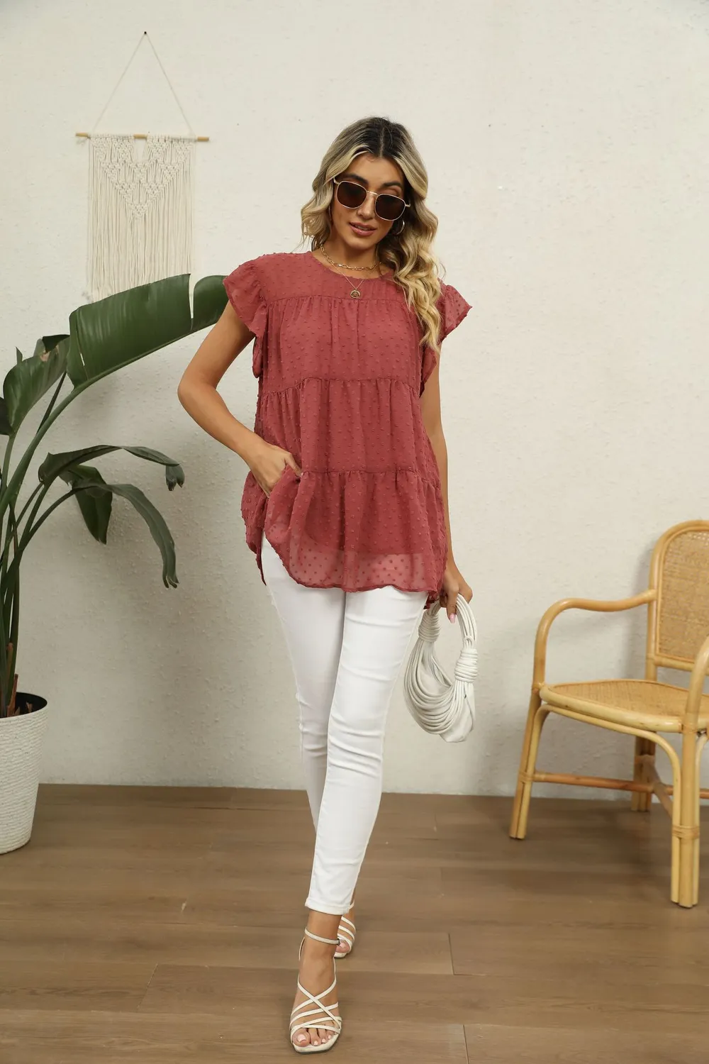 Swiss Dot Round Neck Tiered Blouse, image 6