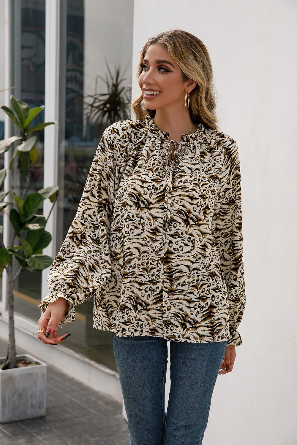 Printed Tie Neck Frill Trim Flounce Sleeve Blouse, image 2