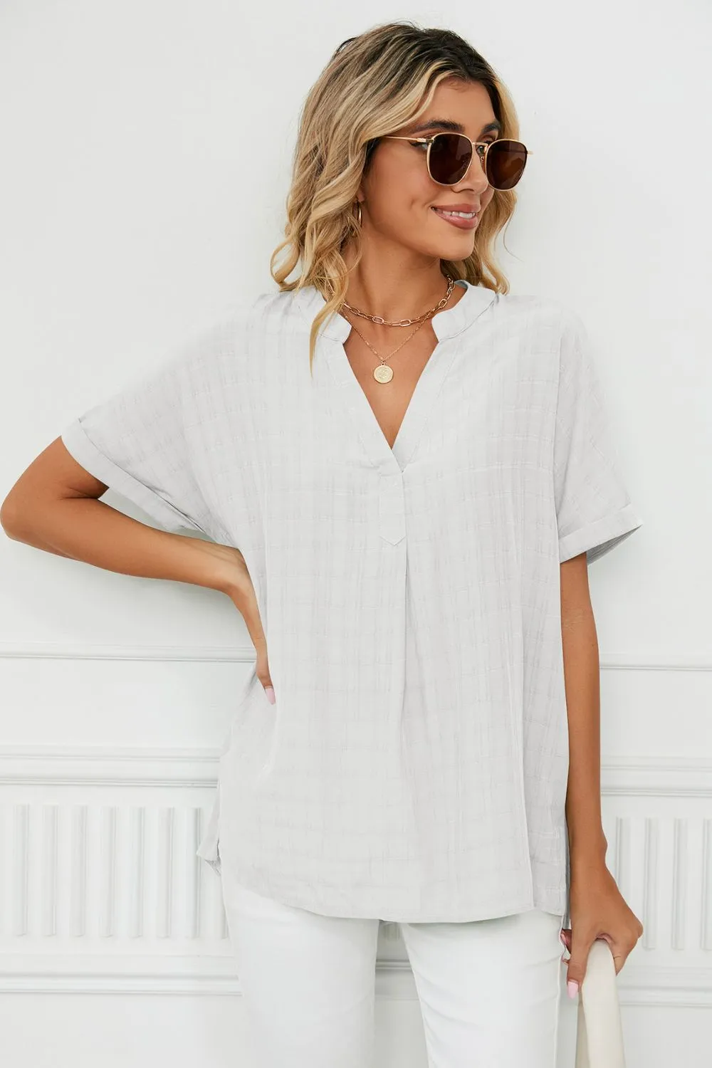Side Slit Notched Neck Cuffed Short Sleeve Blouse, image 17