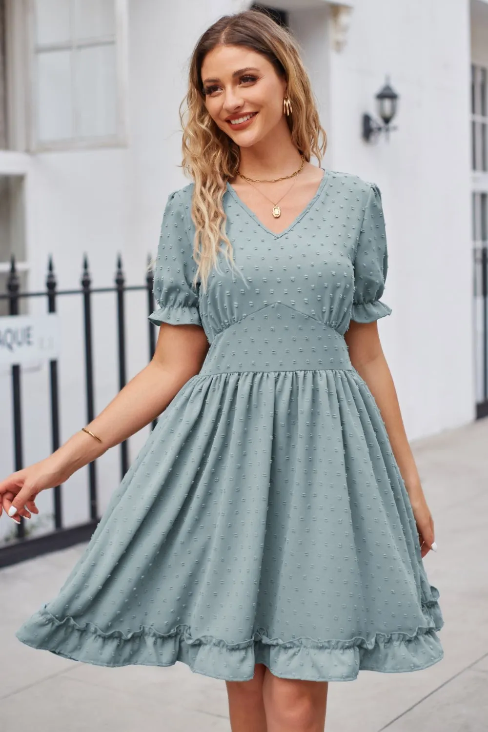 Swiss Dot Frill Trim Flounce Sleeve V-Neck Dress, image 8