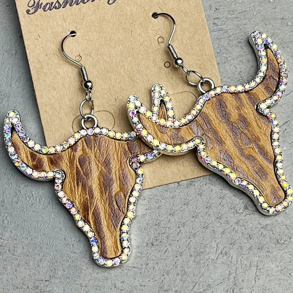 Rhinestone Trim Alloy Bull Earrings, image 4